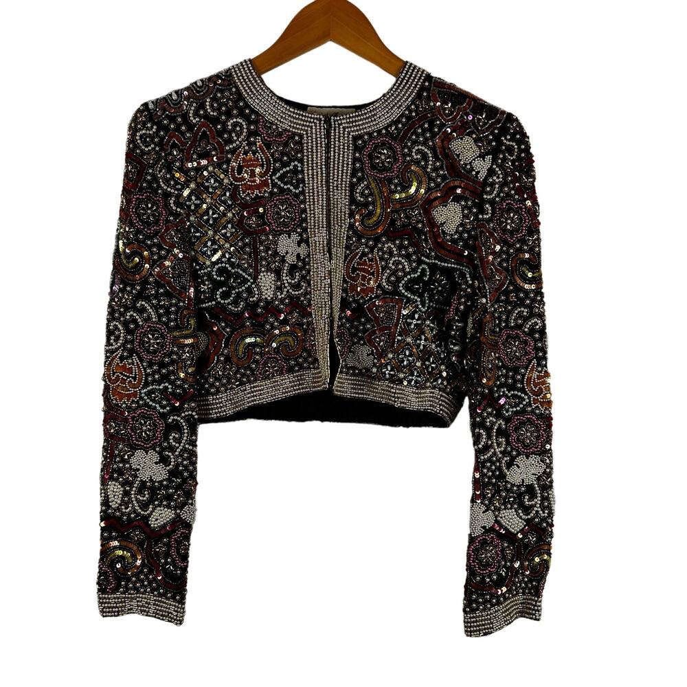 Vintage Beaded Silk Cropped Jacket - Black Multicolor